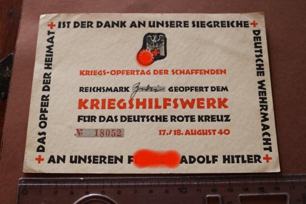 alte Quittungskarte - Spende Kriegshilfswerk Deutsches Rotes Kreuz - 1940